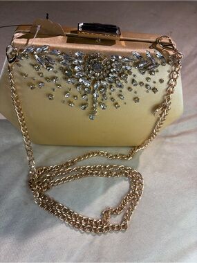 Badgley Mischka Gold Jeweled Hexagonal Clutch. With Gold Chain. Callout
